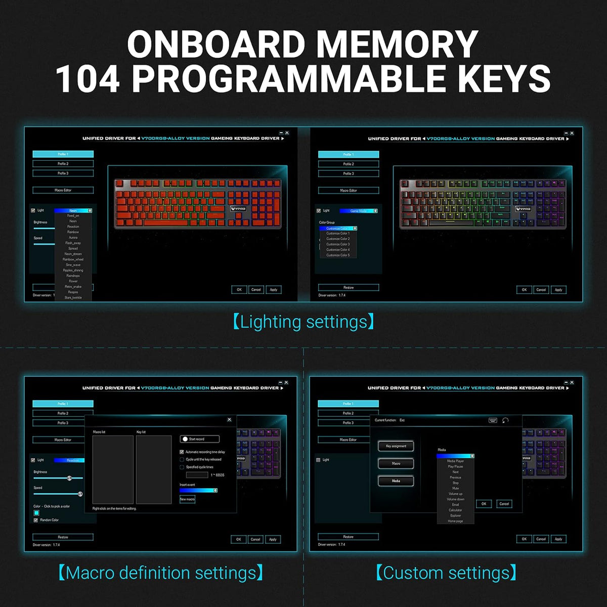V700RGB LED Alloy Backlit Wired Mechanical Gaming Keyboard with Blue Switches, Braided Fiber Cable, Pack of 2 Y35436