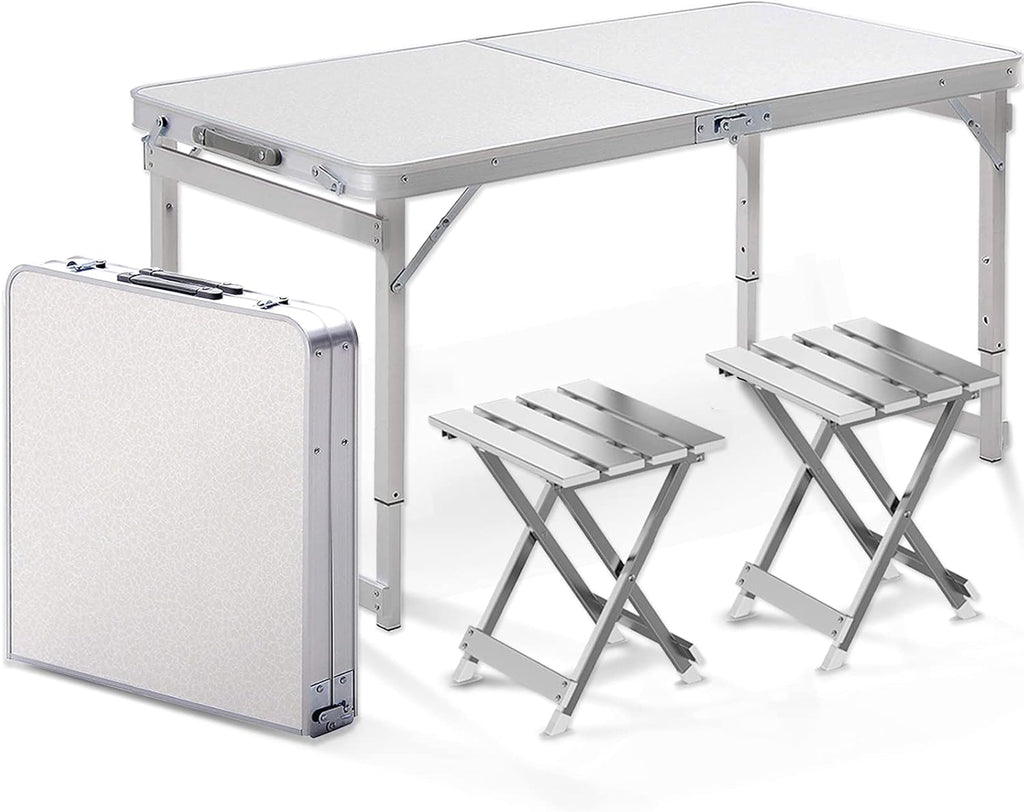 White 4 Foot Adjustable Height Folding Aluminum Camping Table with Stools W874757