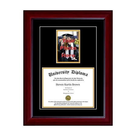 Single Diploma Frame with 5x7 Photo and Double Matting for 15x22 x 12x22 Tall Diploma with Mahogany 2x2 K459