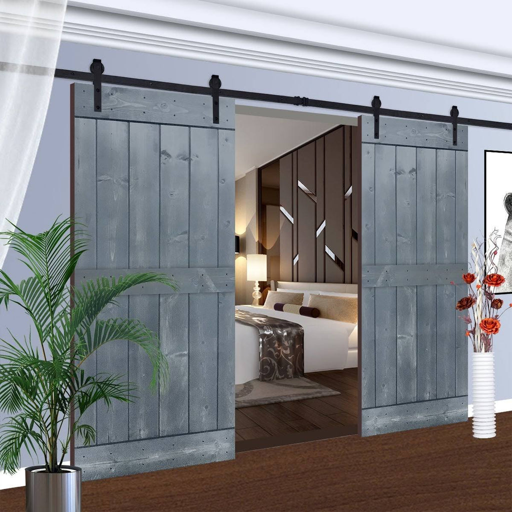 12-Panel Gray Painted Wood Sliding Door with Installation Hardware Kit R240