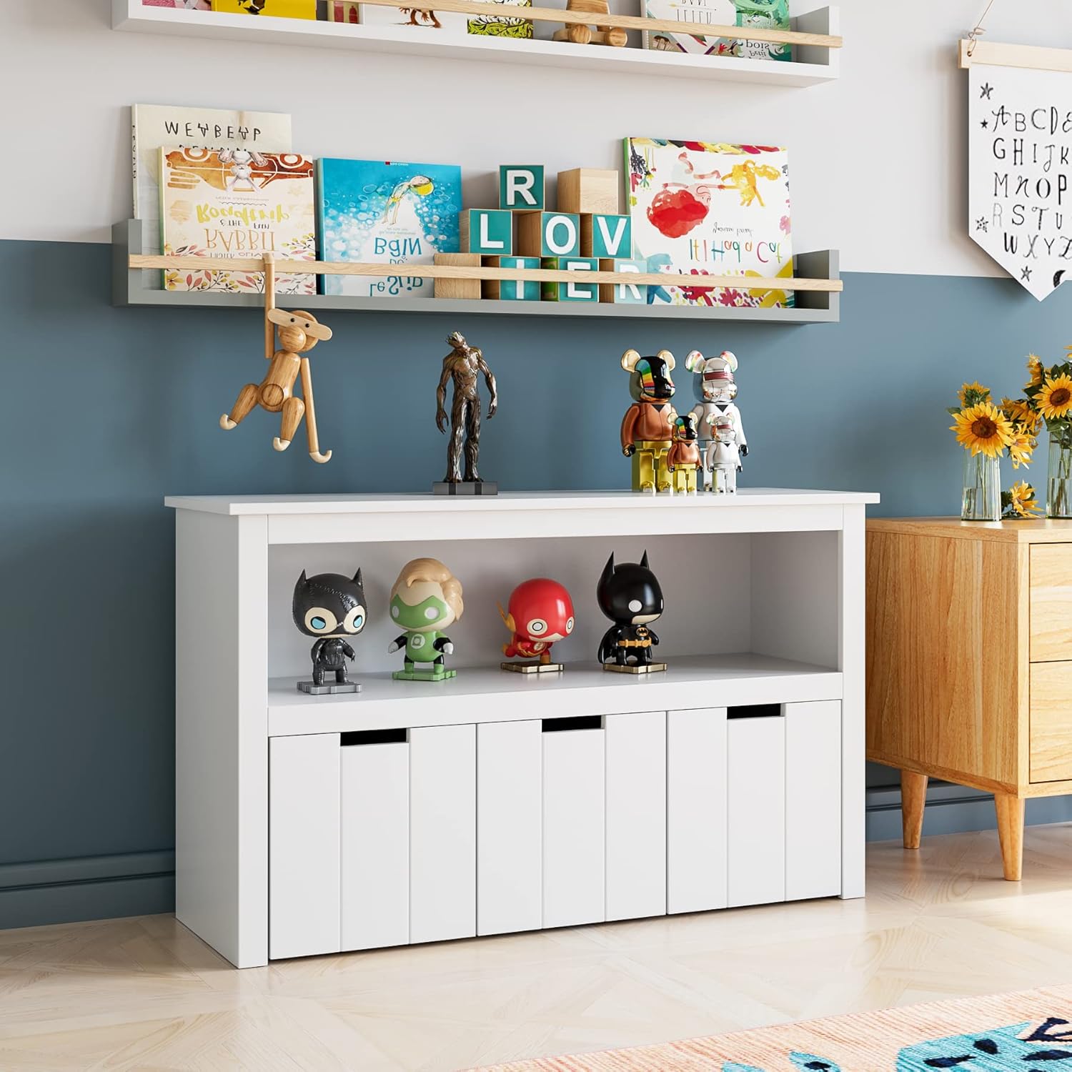 3 Drawers Floor Storage Chest with Wheels and Shelf Q297