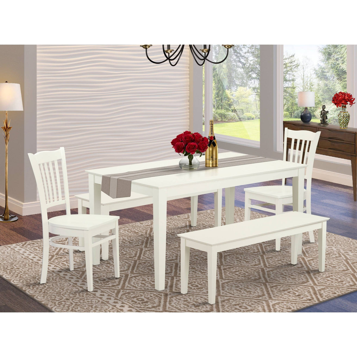 5 Piece Dining Set with Table, 2 Chairs, and 2 Benches in Linen White K907