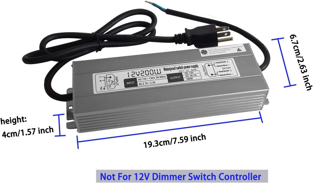 200W Waterproof Power Supply Transformer, 110-130V AC to 12V DC Output 16.7A Adapter with 3 Feet Cable U22535