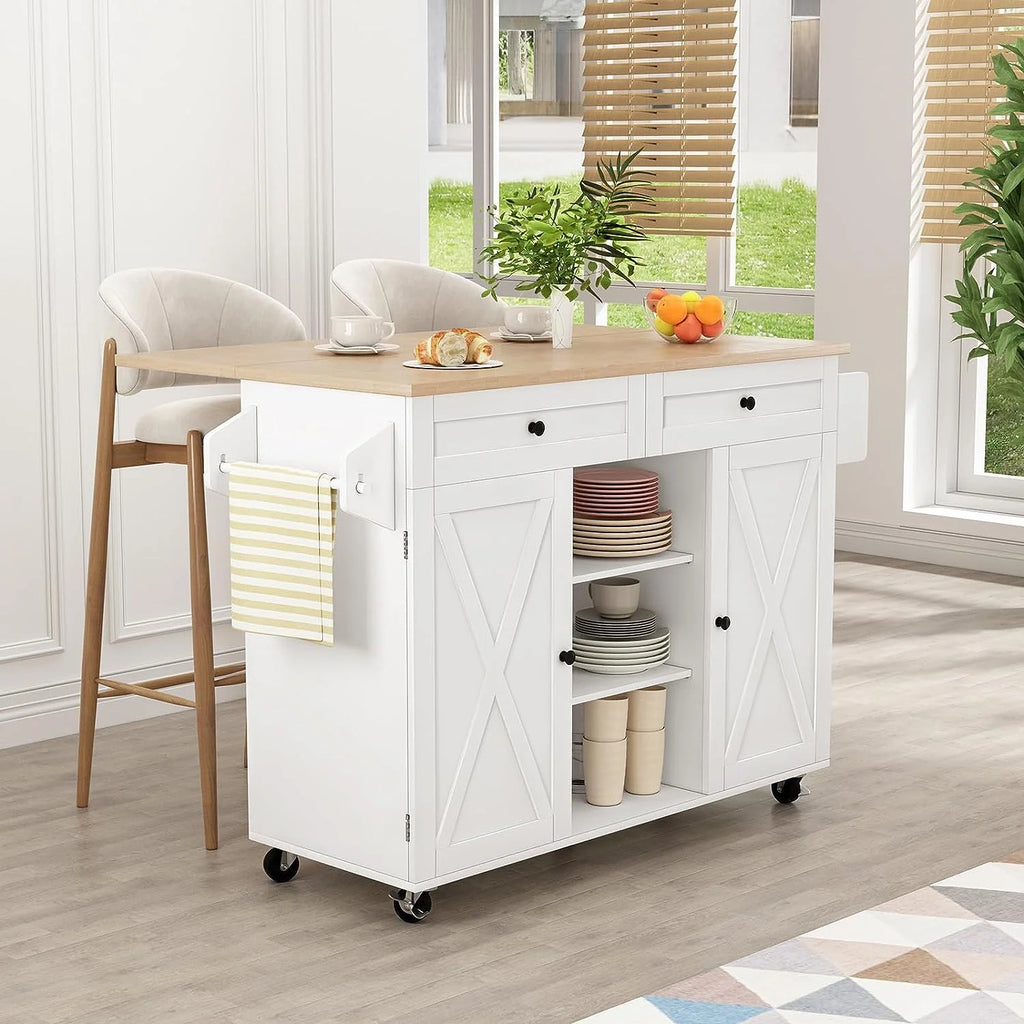 White Kitchen Island with Storage and Drop Leaf Q442376