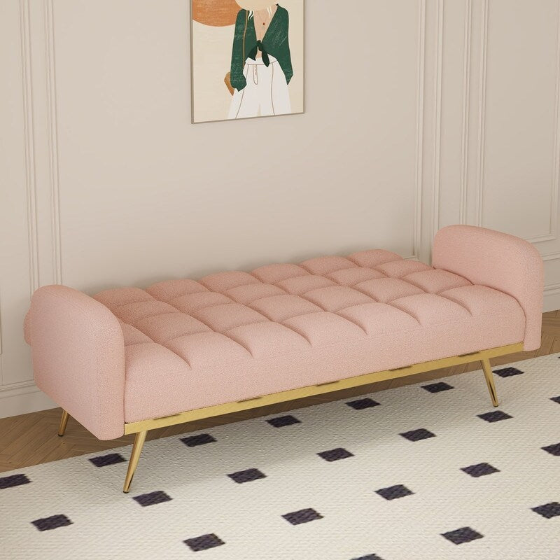 Pink Teddy Velvet Sofa Bed with Throw Pillows A848