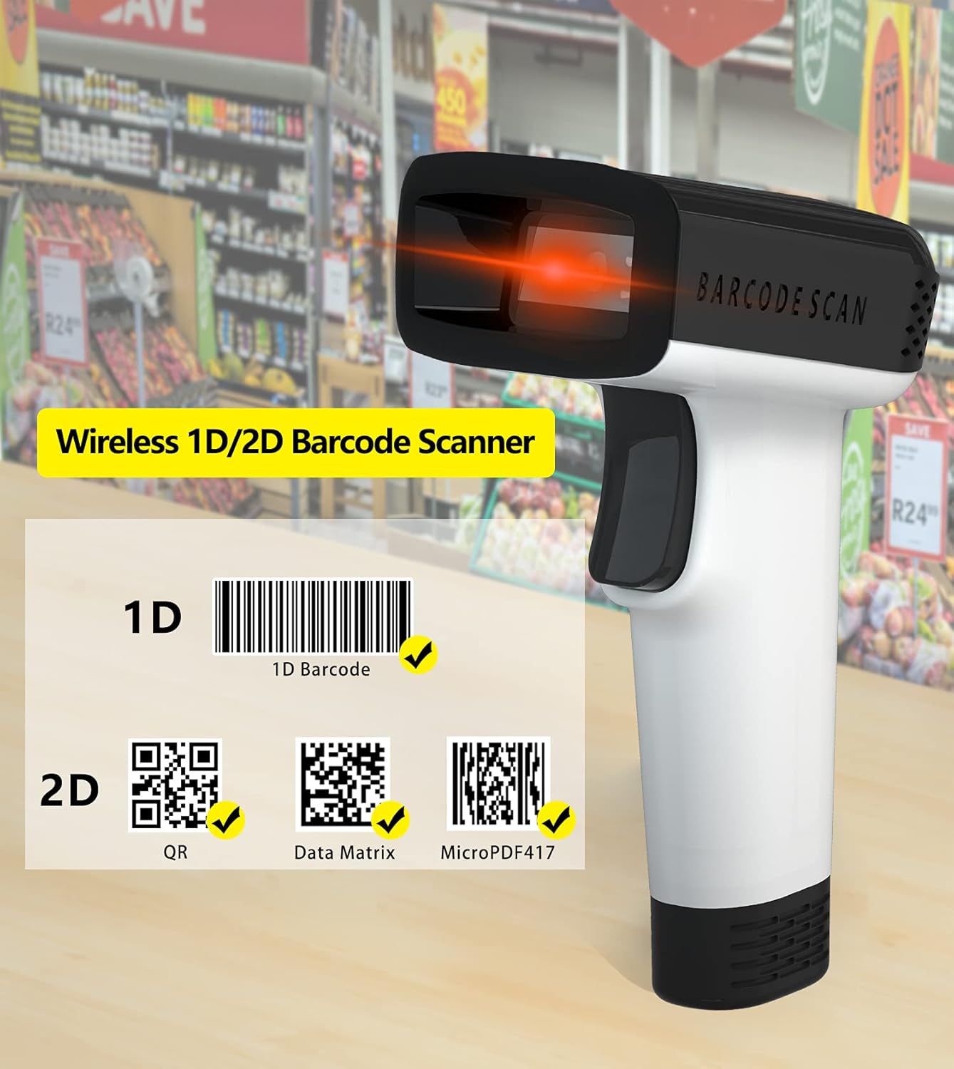 White Wireless Barcode Scanner with Vibration Alert Y228