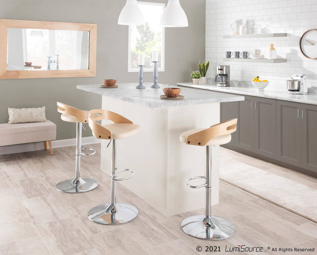 Chrome Natural Wood Cream PU Barstool E9826