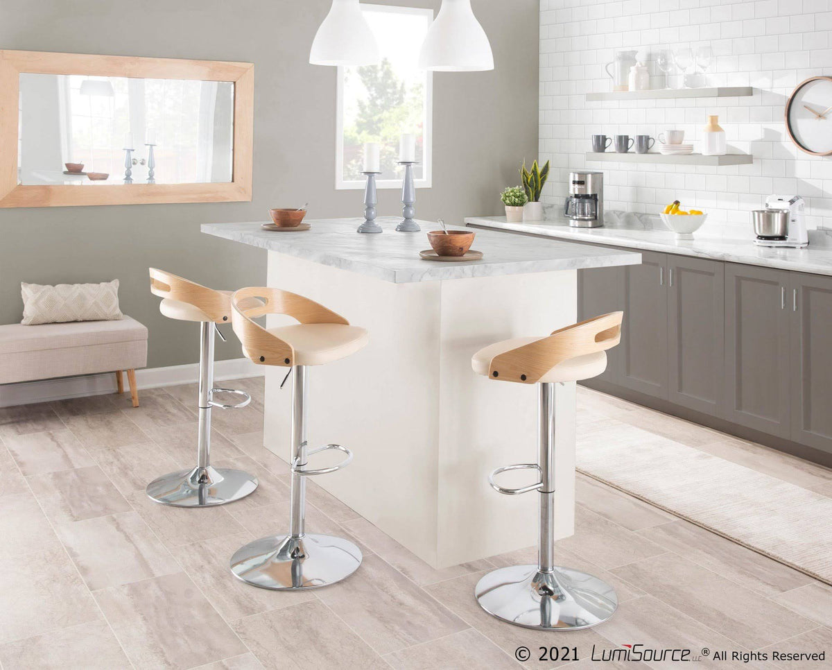 Chrome Natural Wood Cream PU Barstool E9826