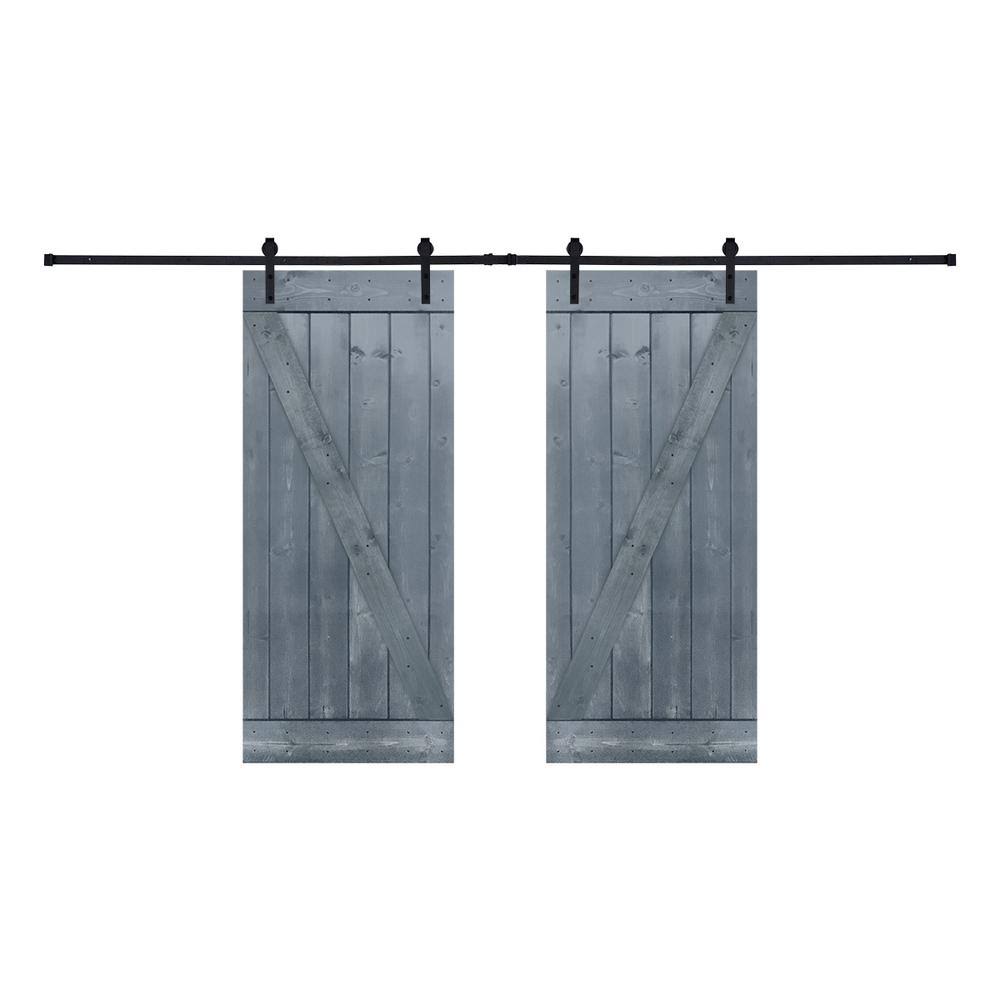 12-Panel Gray Painted Wood Sliding Door with Installation Hardware Kit R240