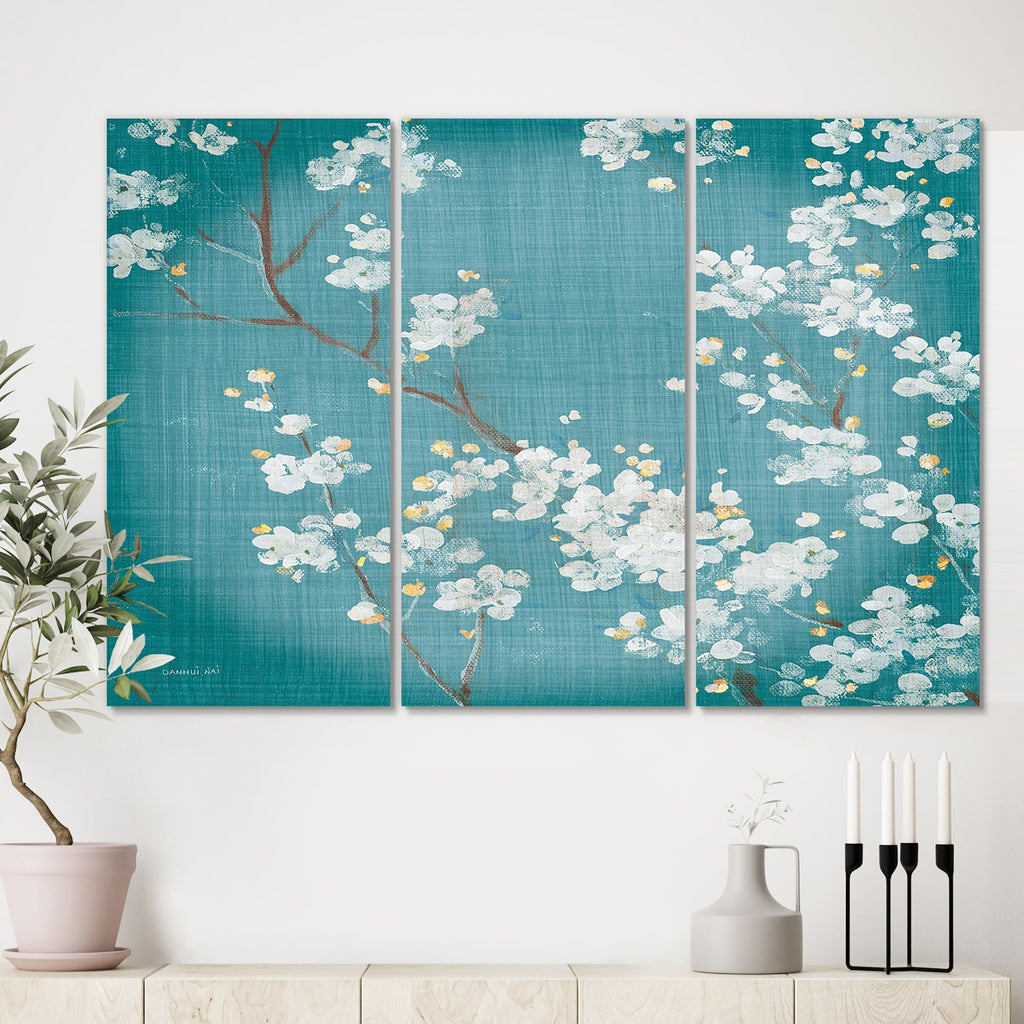 Blue Cherry Blossoms Cabin & Lodge Canvas Art 3 Panels E8589