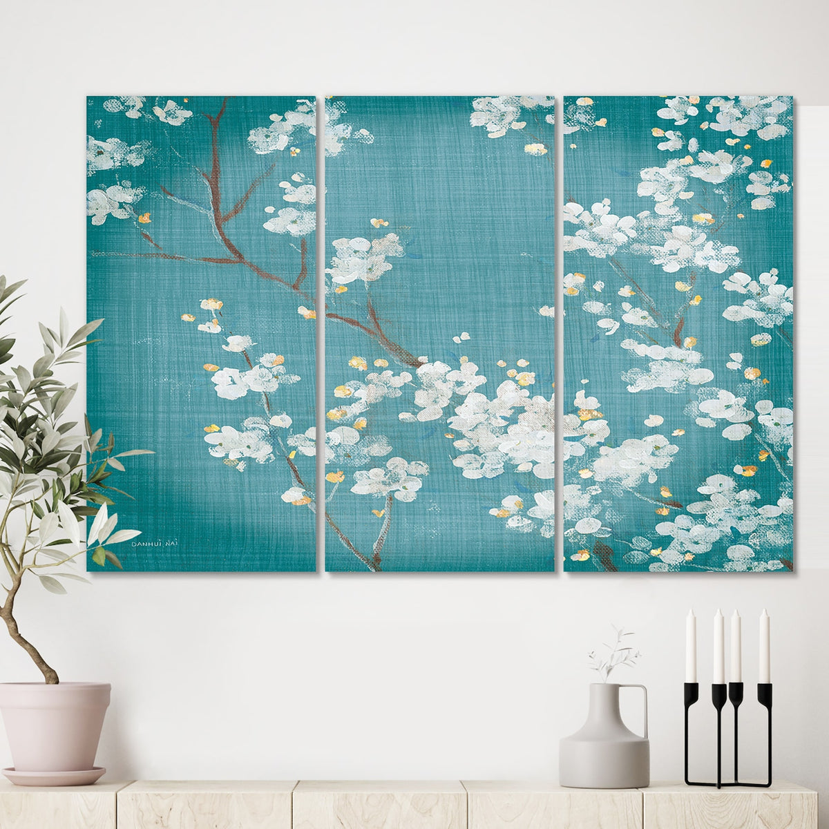 Blue Cherry Blossoms Cabin & Lodge Canvas Art 3 Panels E8589