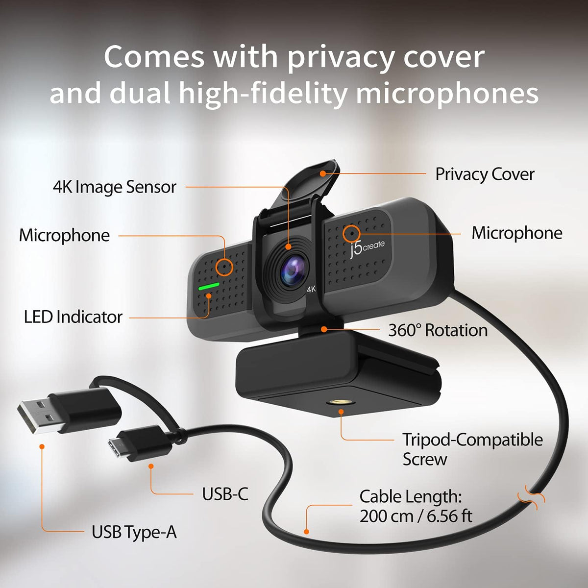 4K Wide Angle Webcam with Microphone and Privacy Cover E54775