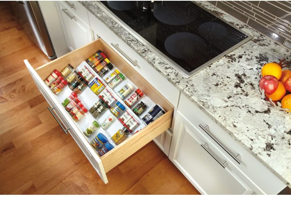 Almond Polymer Kitchen Spice Cabinet Drawer Organizer Insert Tray with Tiered Configuration U948