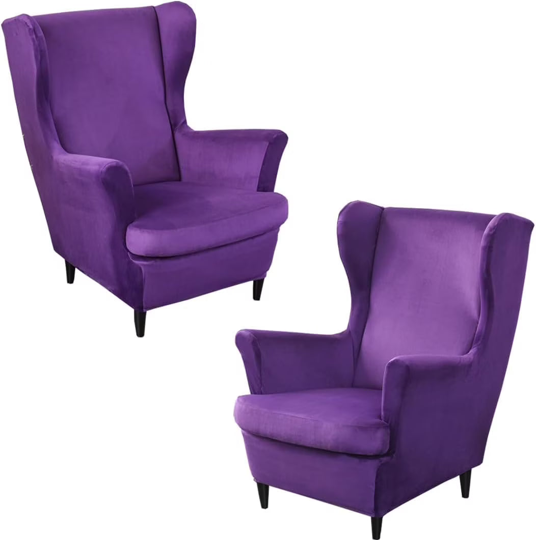 Purple Velvet Stretch Wingback Chair Sofa Slipcover with Elastic Bottom Y346958