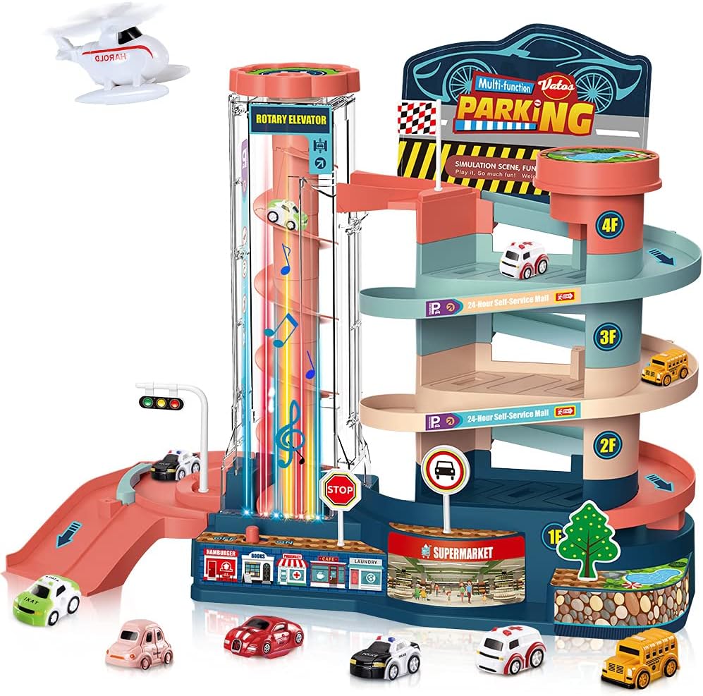 Garage Track Set Toy with 6 Cars & 1 Helicopter, 3-Level Race Track, Pack of 2 G36412