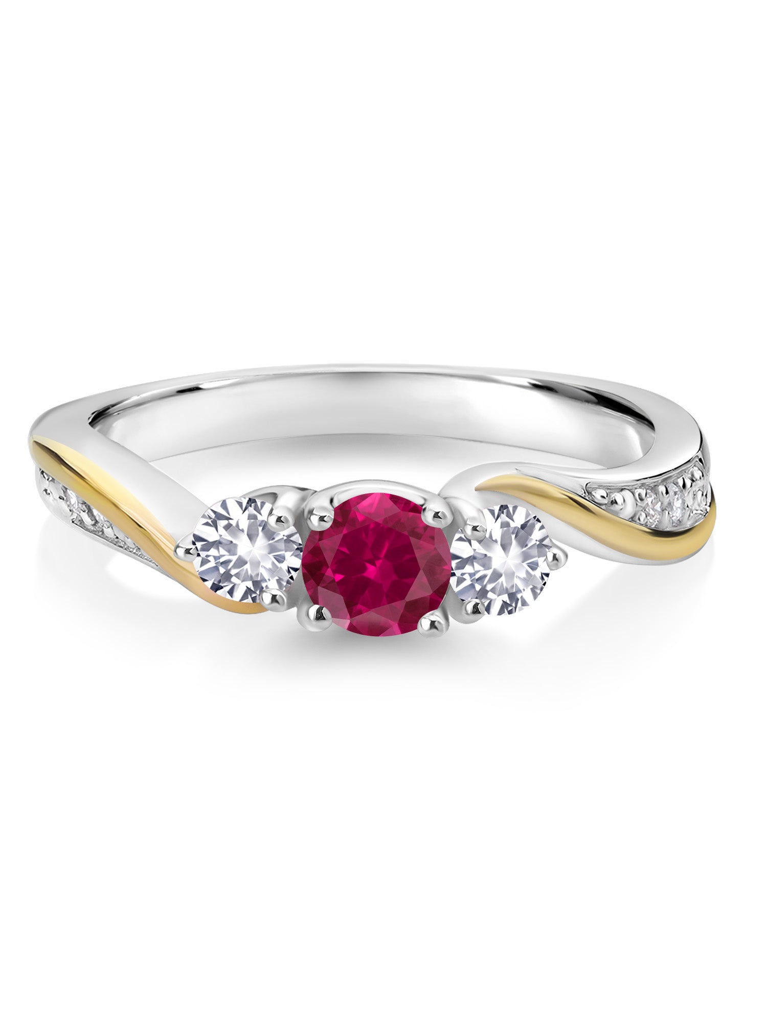 925 Silver 10K Yellow Gold Red Created Ruby White Created Sapphire White Lab Grown Diamond 3 Stone Engagement Ring F140001