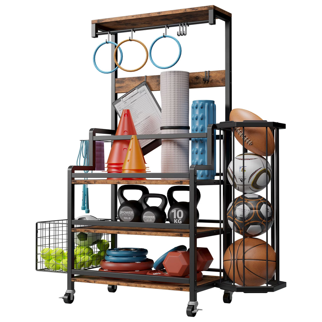 Dumbbell Rack with Ball Cage, Hooks and Wheels A73258