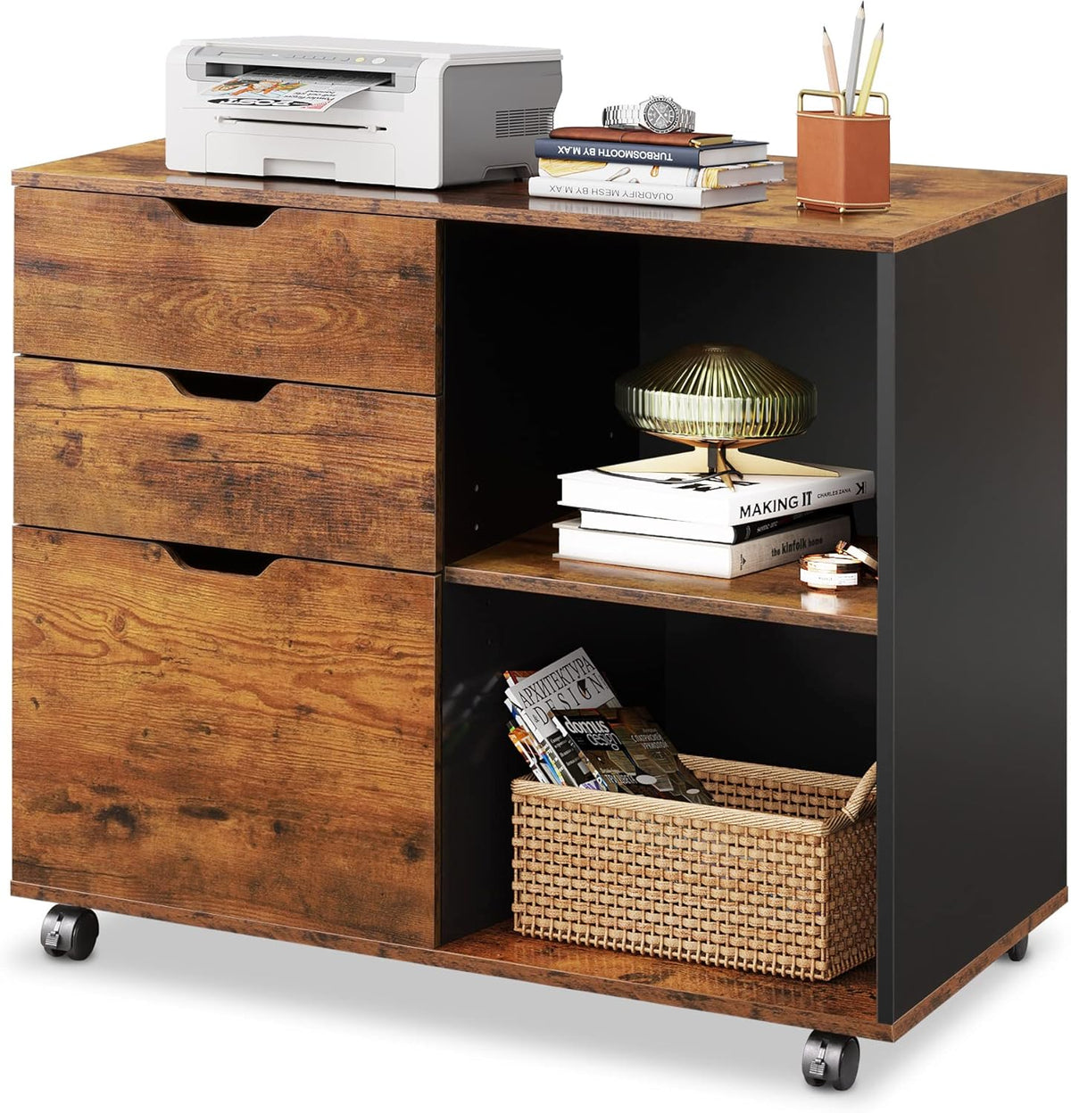 White 3-Drawer Mobile Wood File Cabinet with Open Storage Shelves Z652110