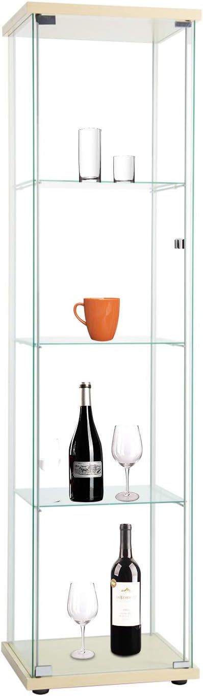 Curio Cabinet with Glass Doors 4 Shelves, 64”x 17”x 14.5”, Nature Wood L8644