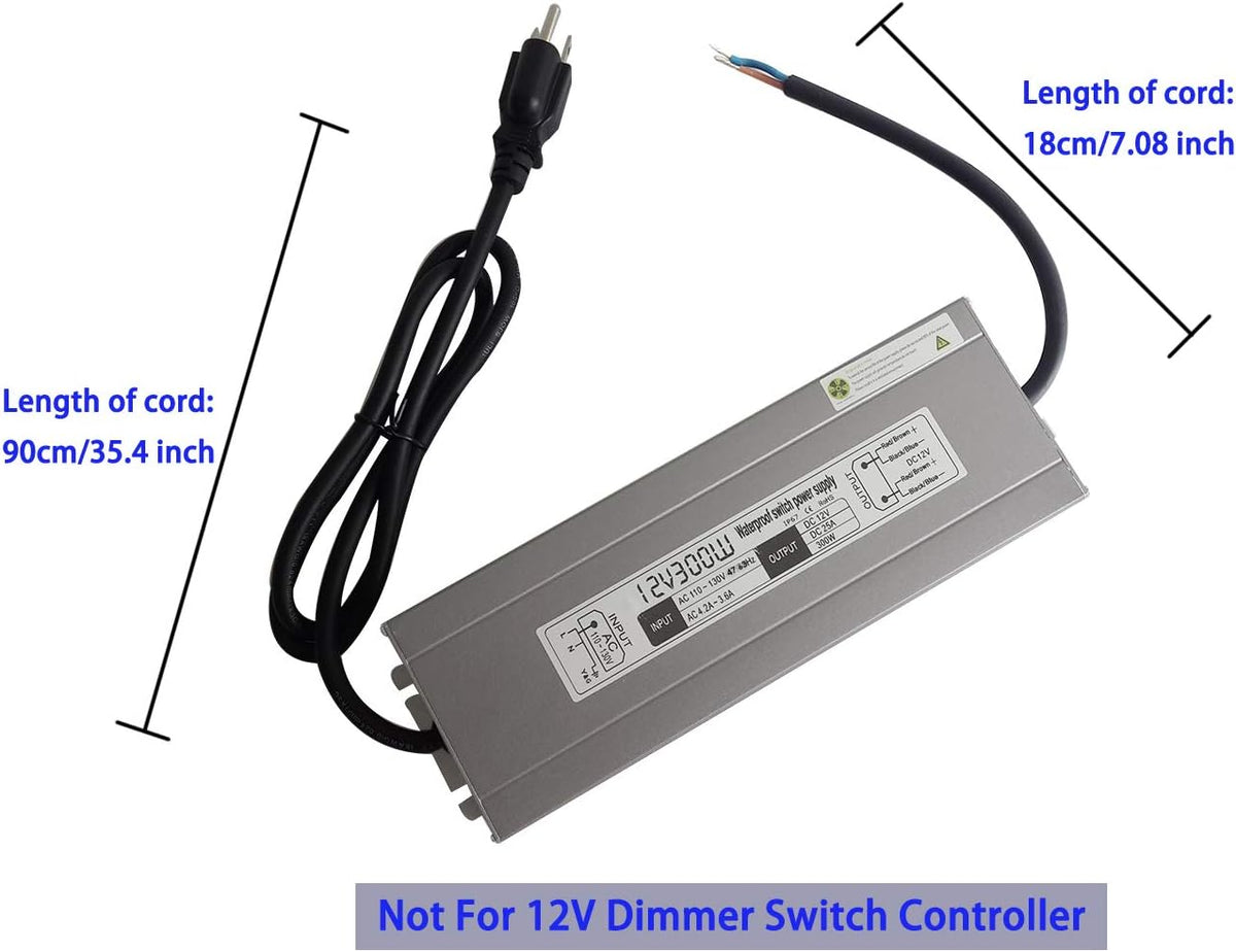 200W Waterproof Power Supply Transformer, 110-130V AC to 12V DC Output 16.7A Adapter with 3 Feet Cable U22535