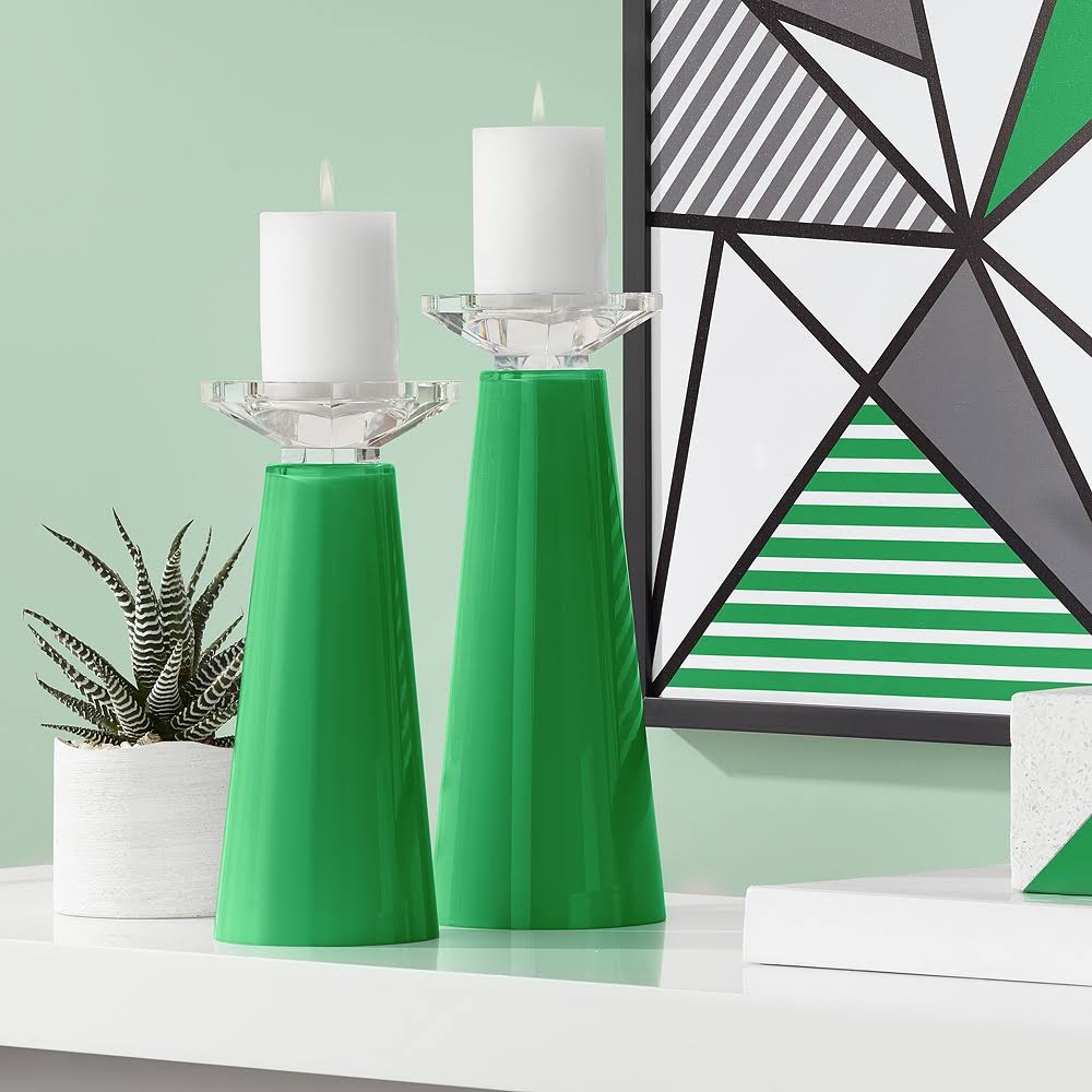 Green Glass Pillar Candle Holder Set of 2 X727834