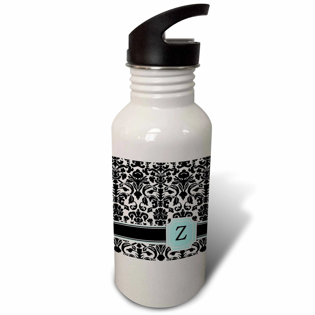 Mint Blue Black and White Damask Pattern 21 oz Sports Water Bottle B217