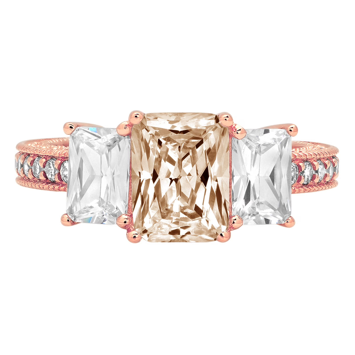 3.61ct emerald cut champagne simulated diamond 18k rose gold 3 stone ring size 7.75 N6391