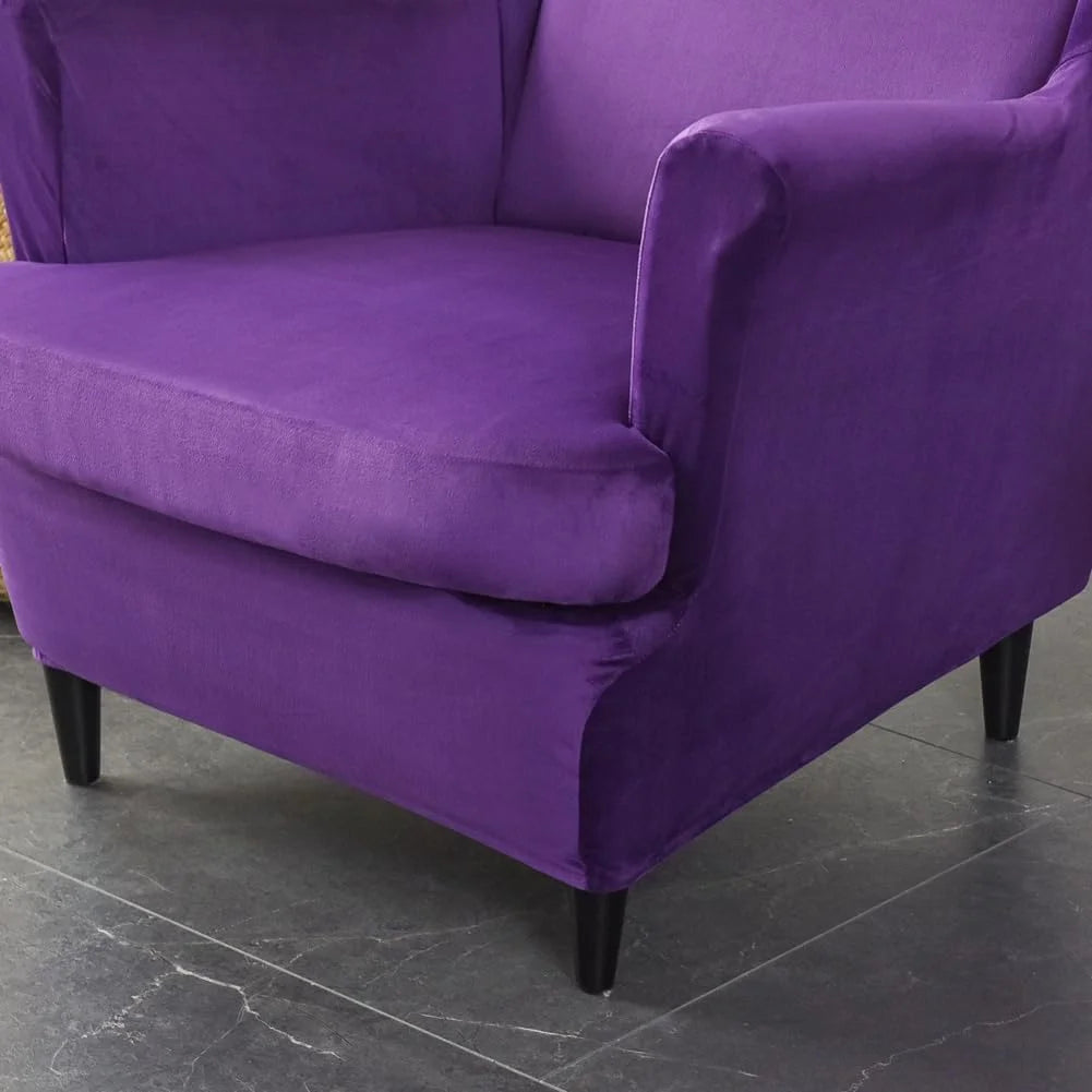 Purple Velvet Stretch Wingback Chair Sofa Slipcover with Elastic Bottom Y346958