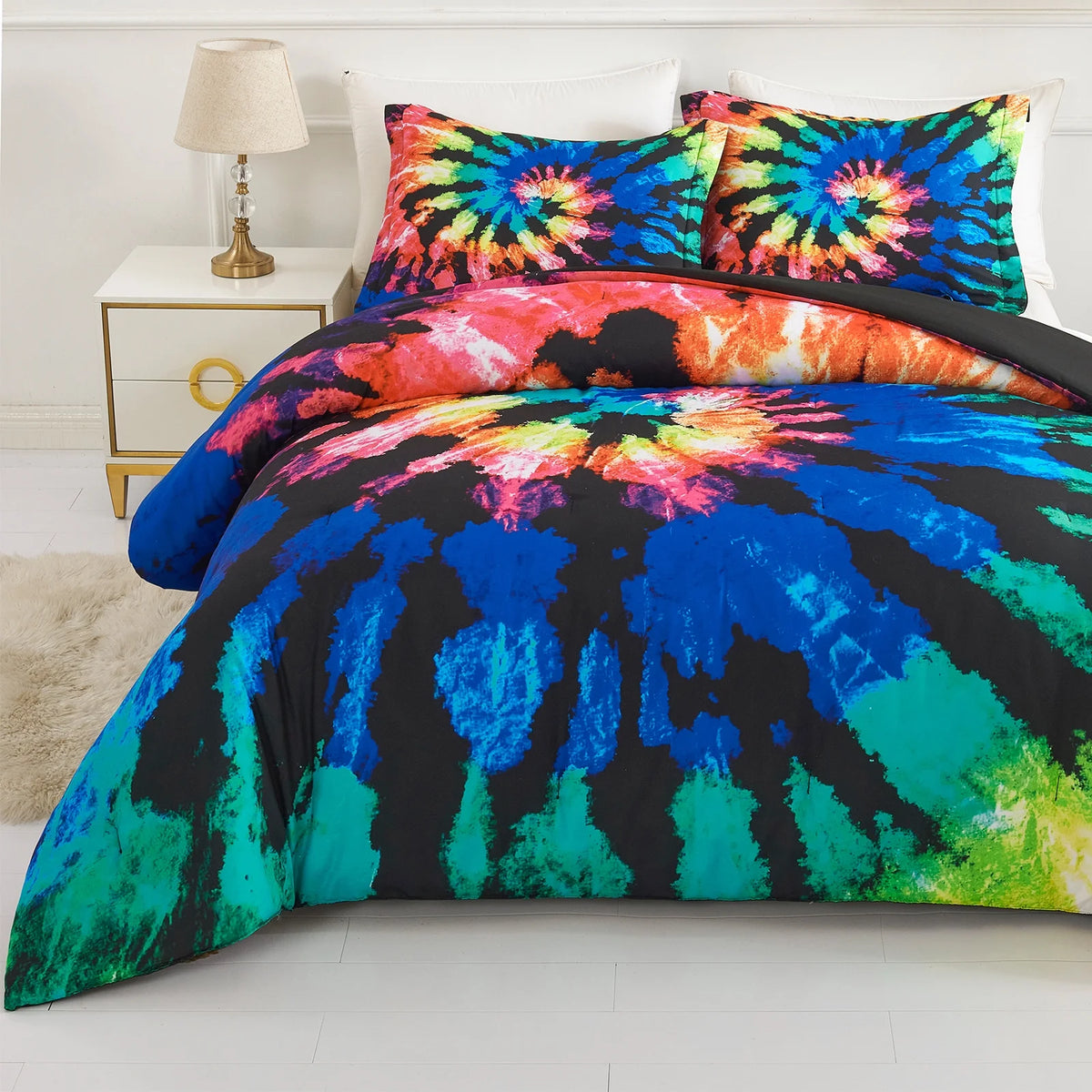 Tie Dye Reversible Comforter Set, Full/Queen Size, 3 Pieces, Blue Black Purple R105