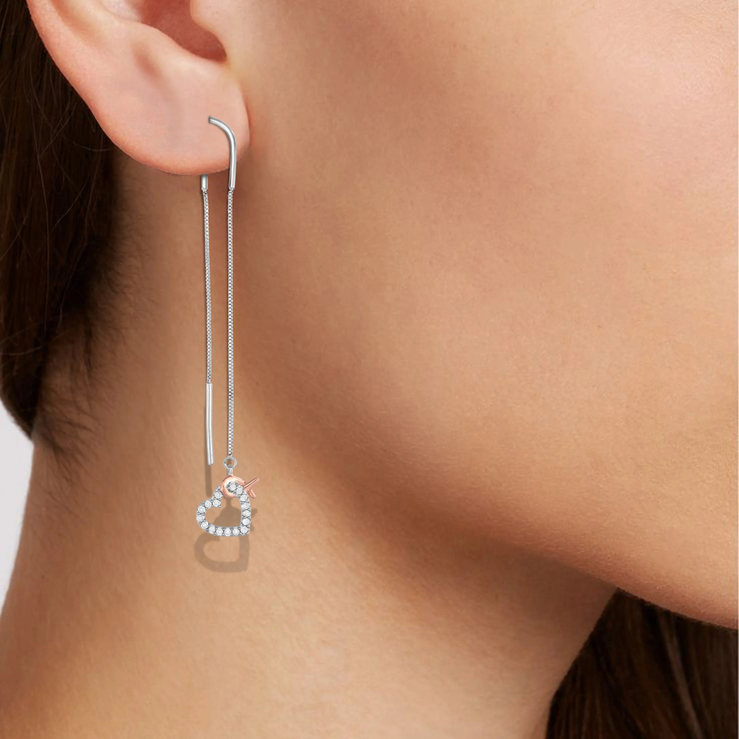 1/5 Cttw Diamond Pink Ribbon and Heart Dangle Threader Earrings in Rhodium Plated Sterling Silver L5076