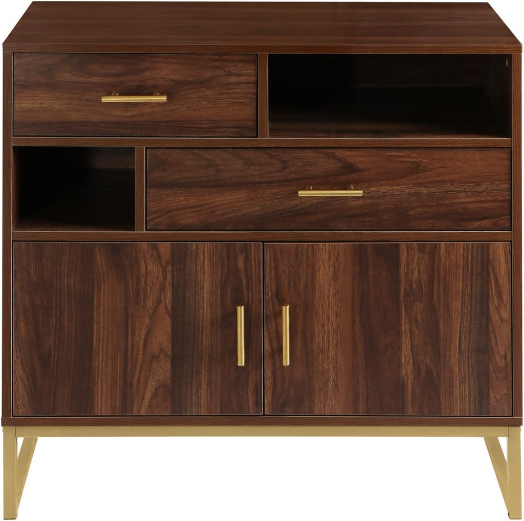 Walnut Wood 2 Doors Accent Storage Cabinet with Drawers and Shelves O6741