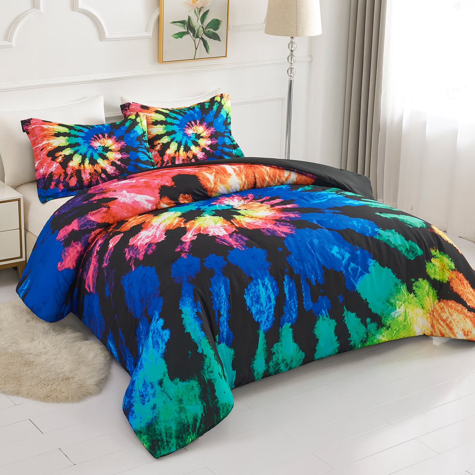 Tie Dye Reversible Comforter Set, Full/Queen Size, 3 Pieces, Blue Black Purple R105