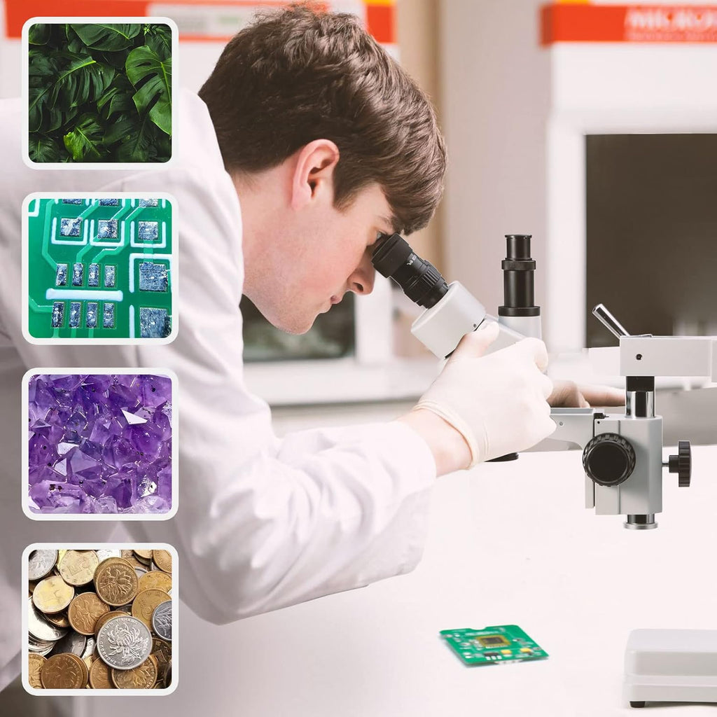 Simul-Focal Trinocular Stereo Zoom Microscope with WH10x Eyepieces, 0.7X-4.5X Objective, LED Ring Light, Double Arm Boom Stand, 0.5X and 2.0X Barlow Lens R69913
