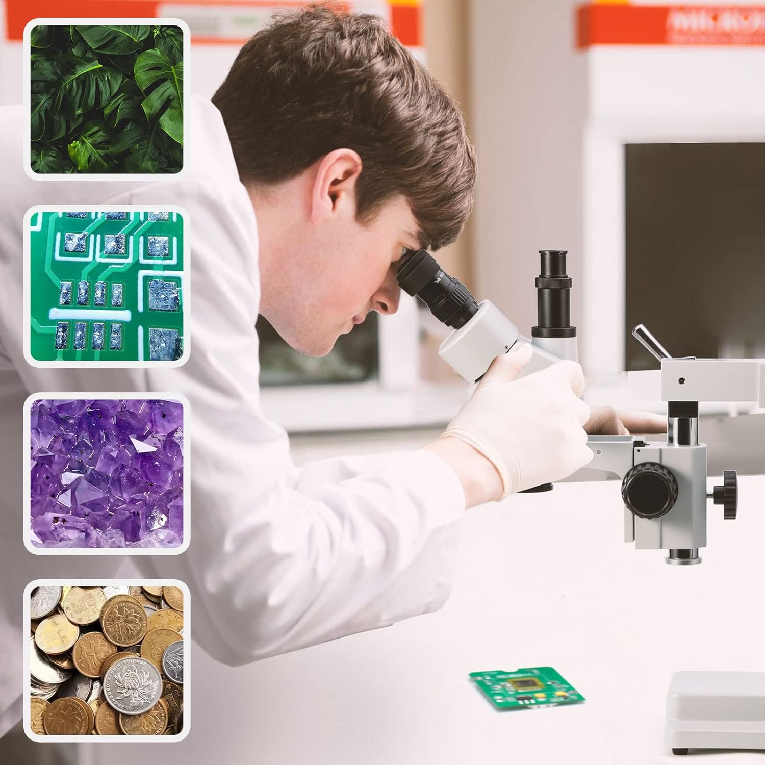 Simul-Focal Trinocular Stereo Zoom Microscope with WH10x Eyepieces, 0.7X-4.5X Objective, LED Ring Light, Double Arm Boom Stand, 0.5X and 2.0X Barlow Lens R69913