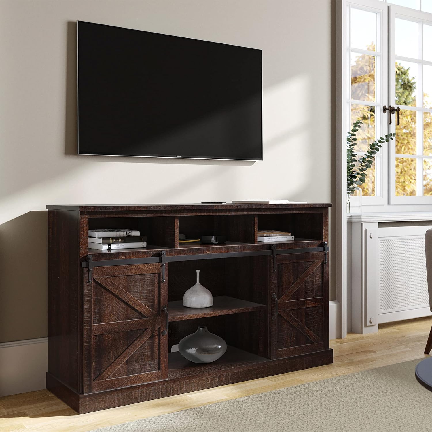 Stone Grey TV Stand with Sliding Barn Door and Storage Cabinets Z189770