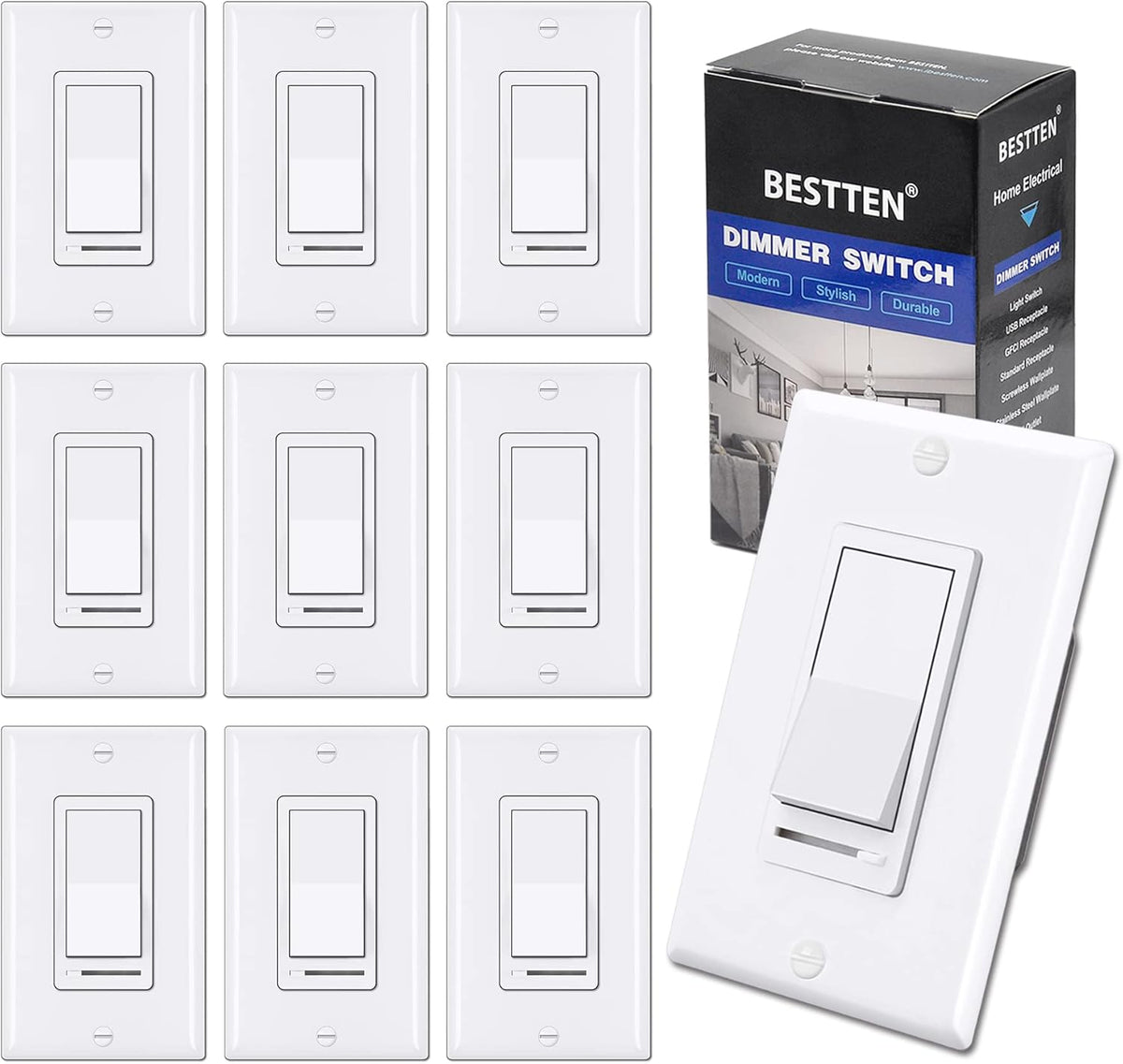 10 Pack Dimmer Light Switch, Single-Pole or 3-Way, White V845061