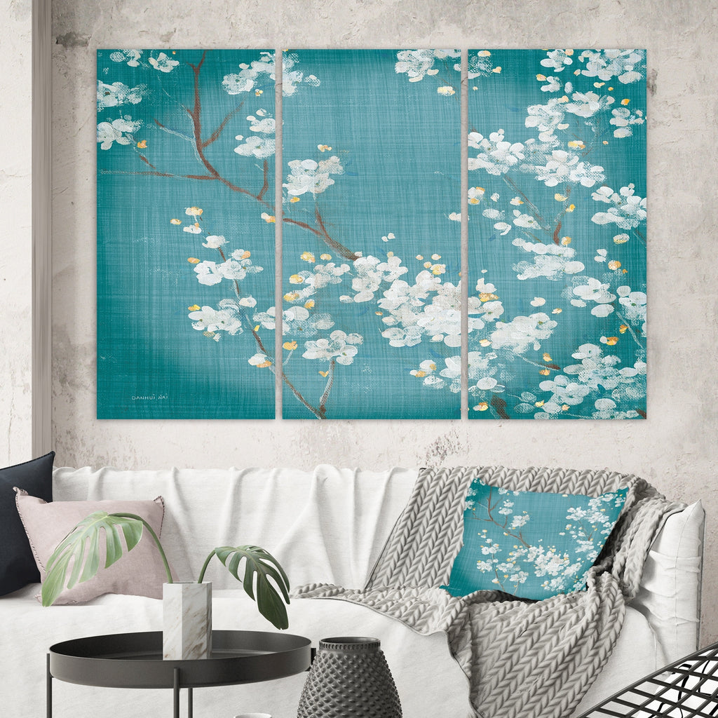 Blue Cherry Blossoms Cabin & Lodge Canvas Art 3 Panels E8589