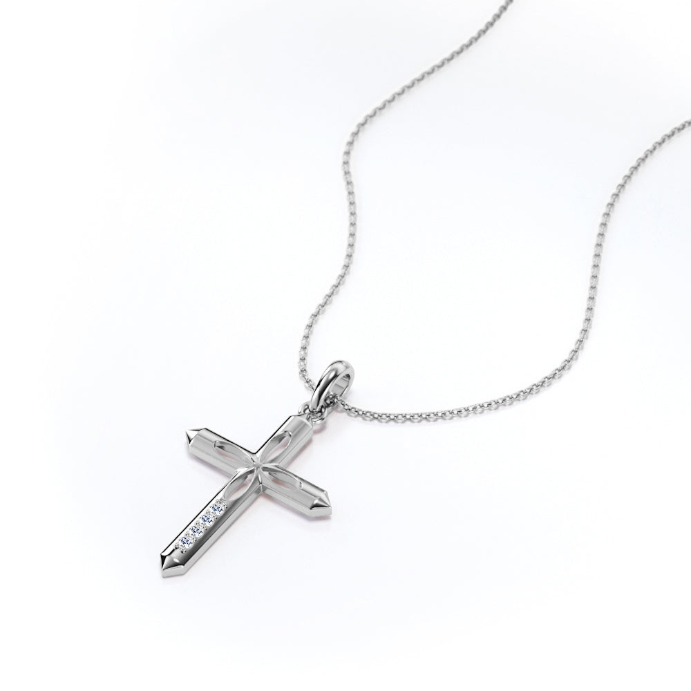 4-Petal Pencil Diamond Mini-Pave Pendant Necklace in 18K White Gold Plating over Silver A34878