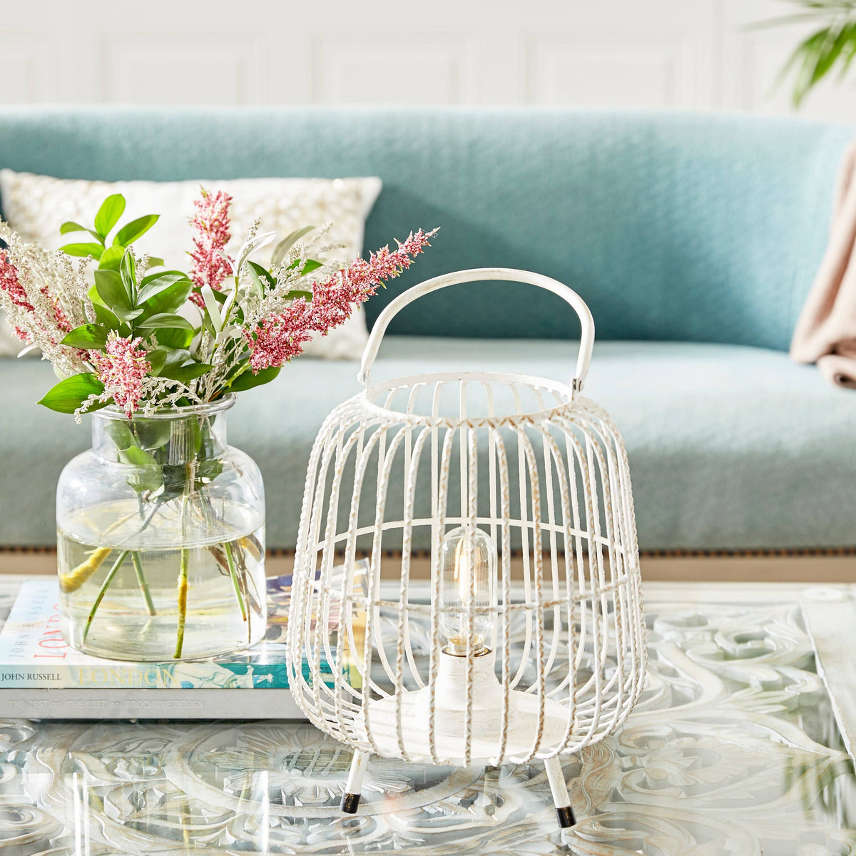 White Metal Caged Lantern T281390