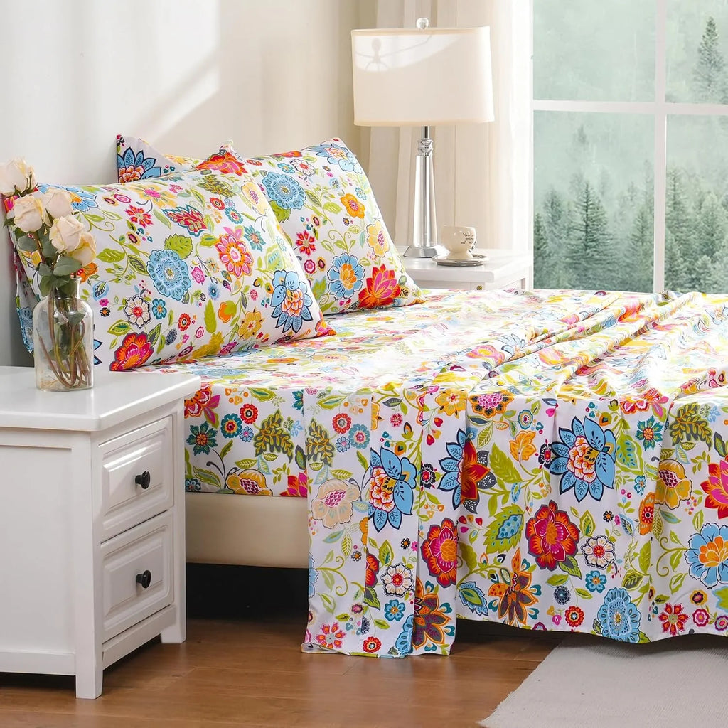 4 Piece Full Size Microfiber Sheet Set with Floral Design P249