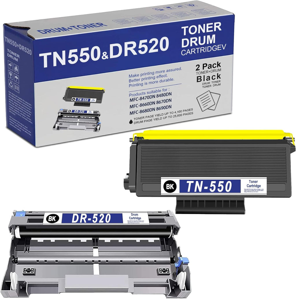 2-Pack TN-550 Toner Cartridge and DR-520 Drum Unit Replacement for Brother Printers C3686