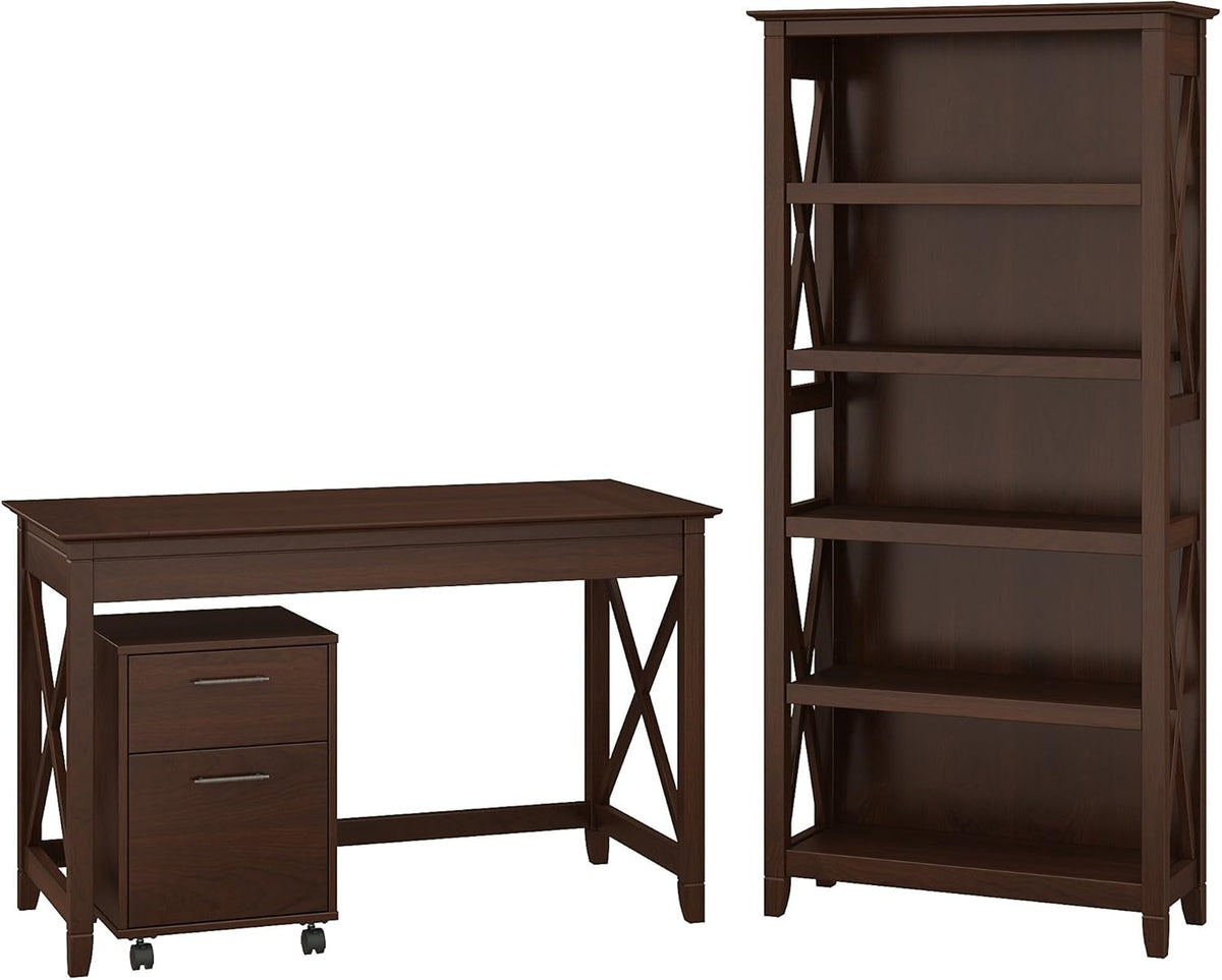 48W Writing Desk with 2 Drawer Mobile File Cabinet and 5 Shelf Bookcase in Bing Cherry G9541