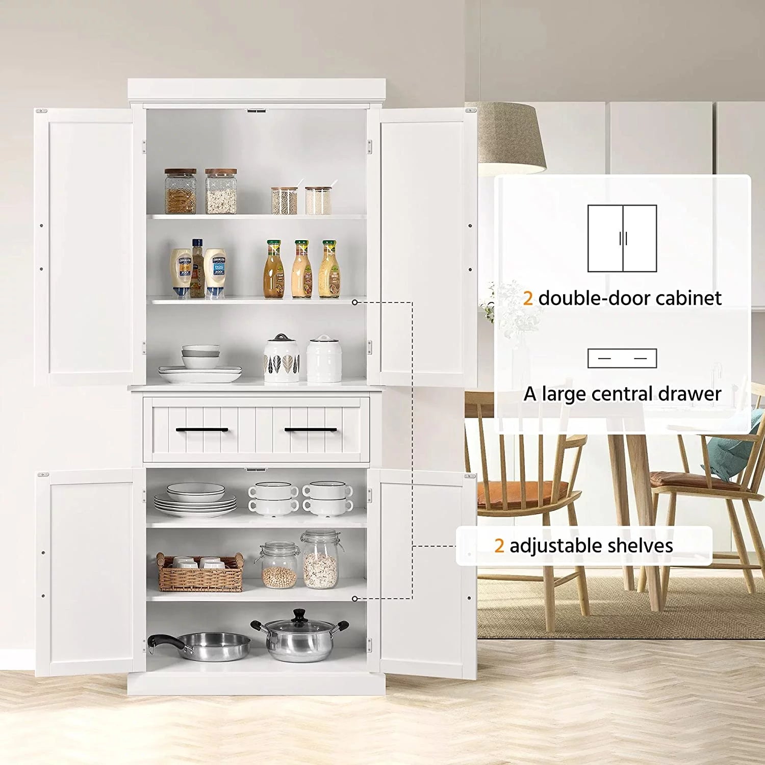 White Freestanding Kitchen Pantry Storage Cabinet with Drawer and 2 Adjustable Shelves V842852