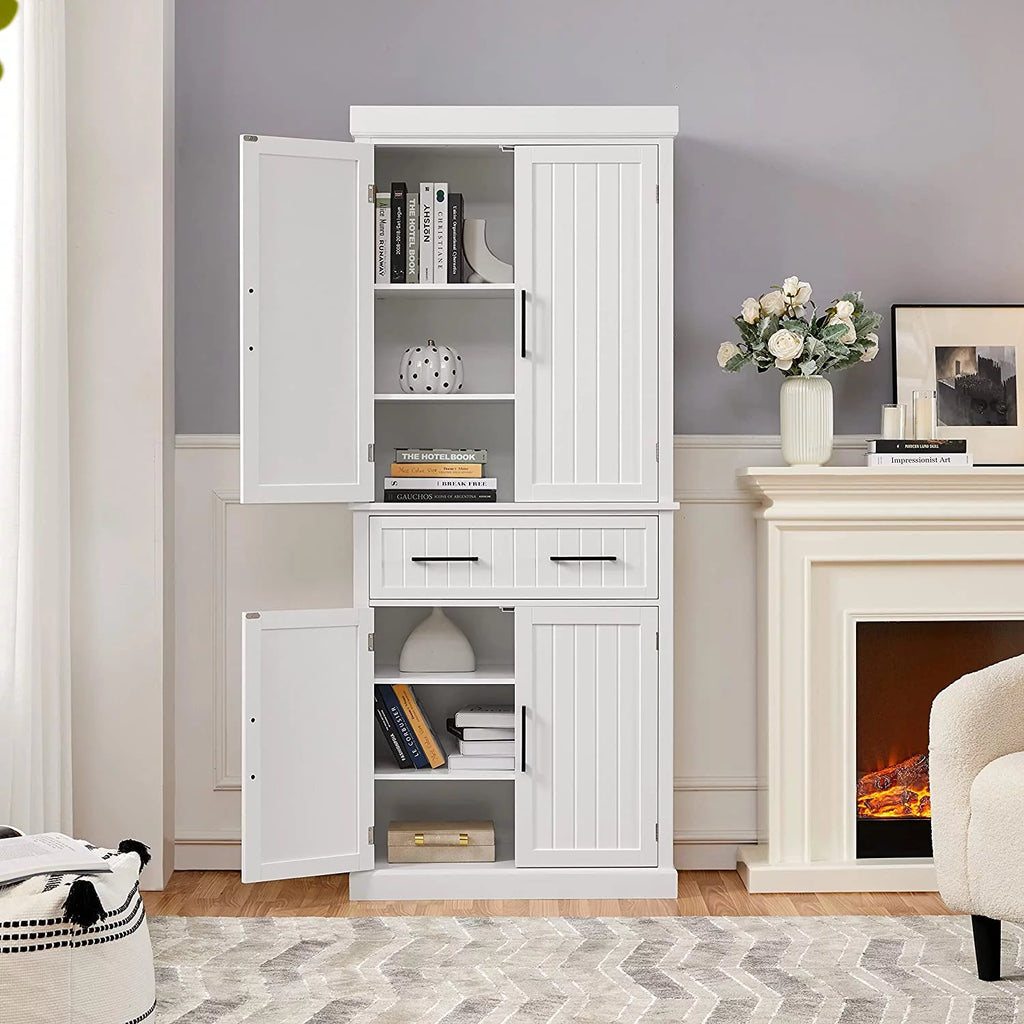 White Freestanding Kitchen Pantry Storage Cabinet with Drawer and 2 Adjustable Shelves V842852