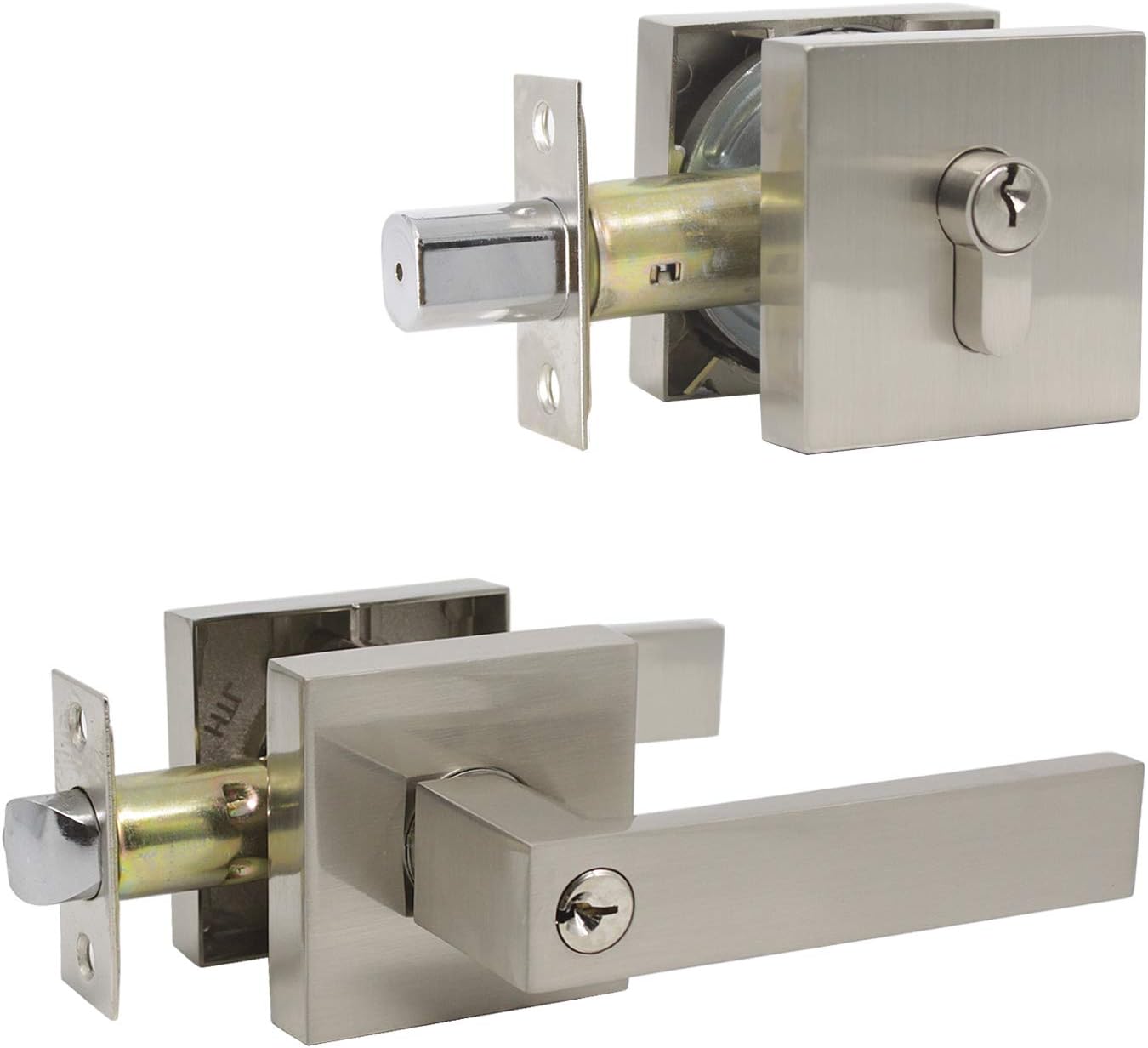 Satin Nickel Square Entry Levers Locksets and Single Cylinder Deadbolts Combination Set, 3 Pack Keyed Alike F466