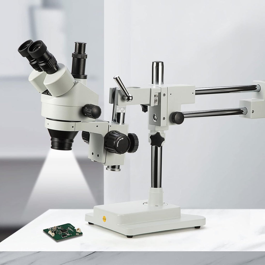 Simul-Focal Trinocular Stereo Zoom Microscope with WH10x Eyepieces, 0.7X-4.5X Objective, LED Ring Light, Double Arm Boom Stand, 0.5X and 2.0X Barlow Lens R69913