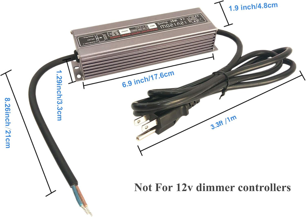 200W Waterproof Power Supply Transformer, 110-130V AC to 12V DC Output 16.7A Adapter with 3 Feet Cable U22535