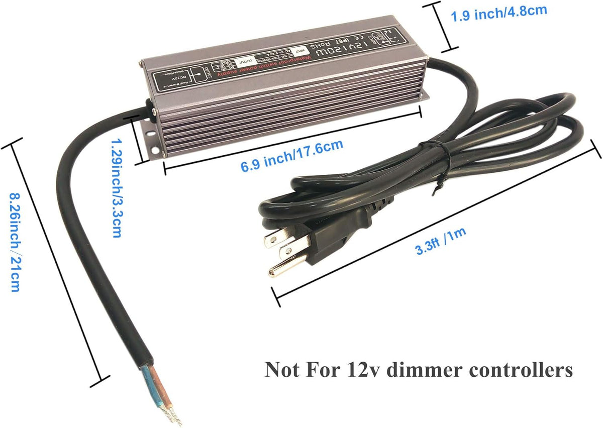 200W Waterproof Power Supply Transformer, 110-130V AC to 12V DC Output 16.7A Adapter with 3 Feet Cable U22535