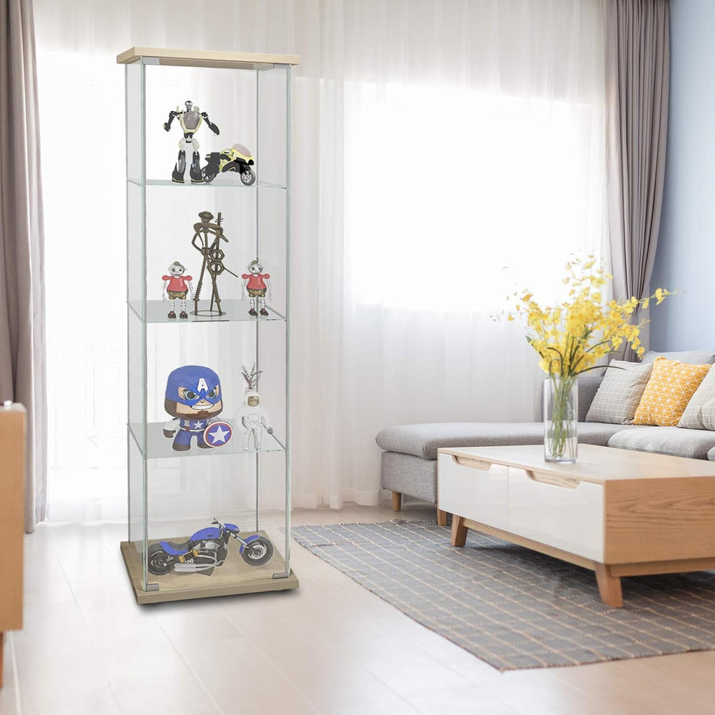 Curio Cabinet with Glass Doors 4 Shelves, 64”x 17”x 14.5”, Nature Wood L8644