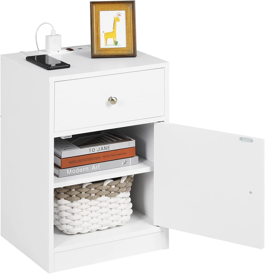 White Wooden Nightstand with Drawer and Door S28443
